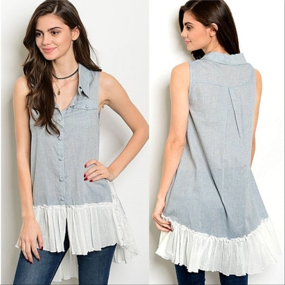 Gray Boho Casual button down Lace Detailed Tunic Top